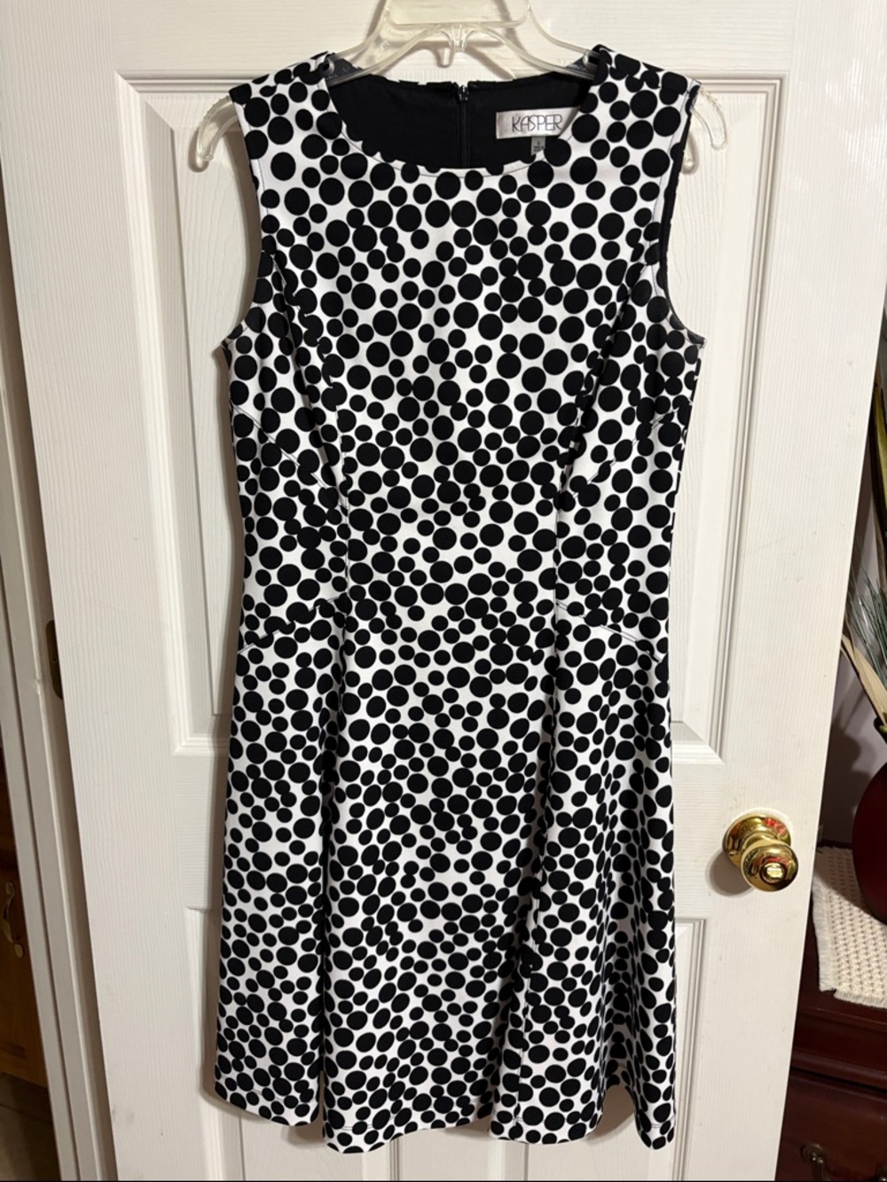 Kasper Black and White Polka Dot Sleeveless A-Line Dress